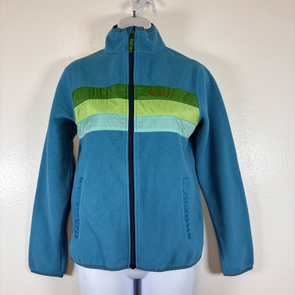 cotopaxi Teal Blue Fleece Jacket with Green Stripe Accents
